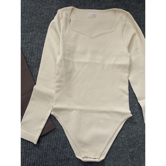 OQQ Two Piece Bodysuits Small Slimming Ribbed One Piece V-Neck Long Sleeve NEW - Picture 5 of 7